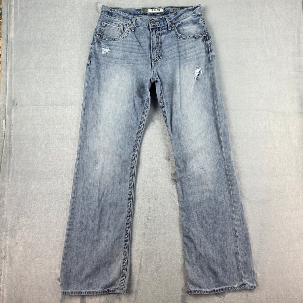 BKE Tyler Mens Light Wash Distressed Straight Leg Jeans 32L ABM4301 Blue Denim